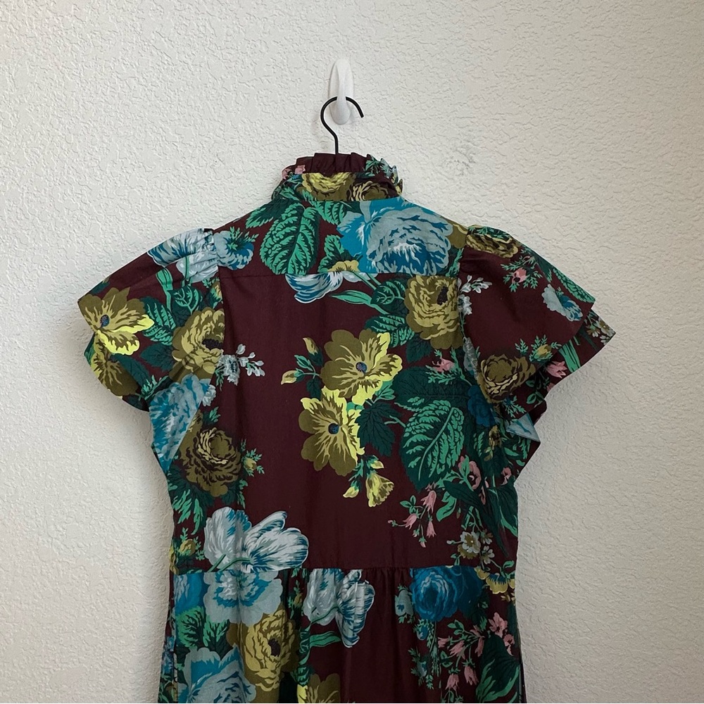 Tuckernuck Women Cotton Oxblood Blue Floral Alice Ruffled Collared Dress Size S - Picture 9 of 14